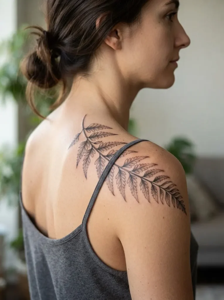 7. Botanical Fern Shoulder Tattoo