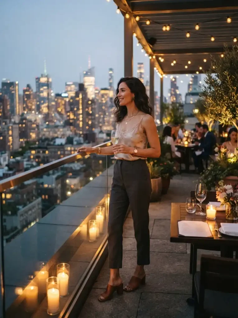 7. Charcoal Ankle-Length Pants with a Champagne Camisole