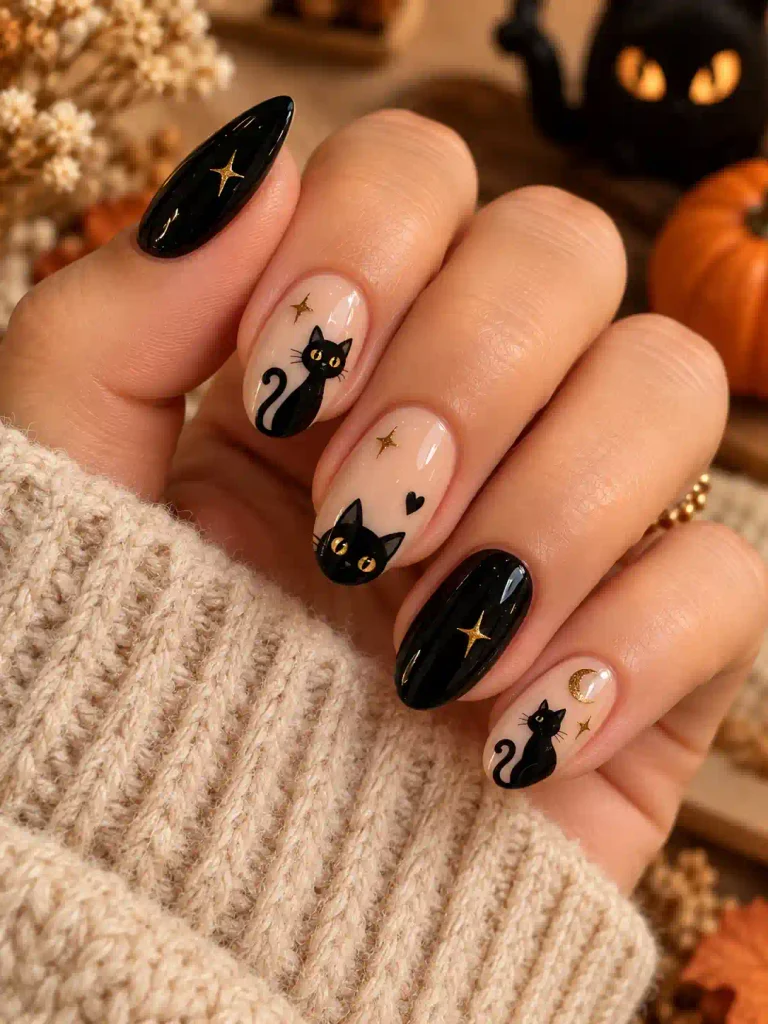 7. Cute Black Cat Nails