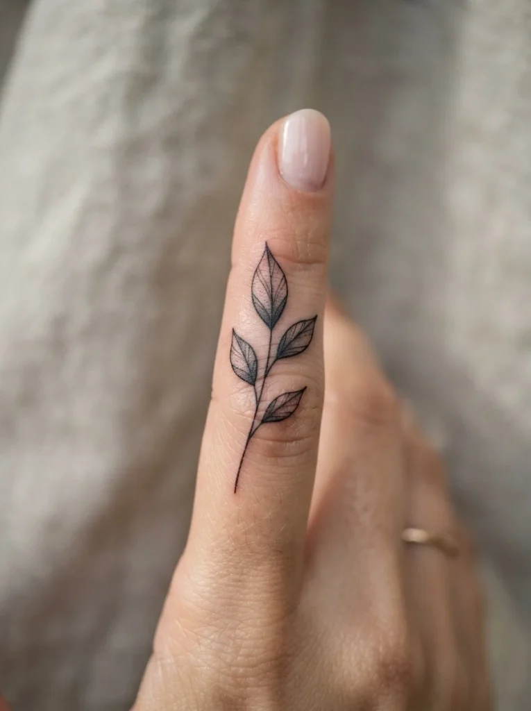 7. Fine-Line Leaf Finger Tattoo