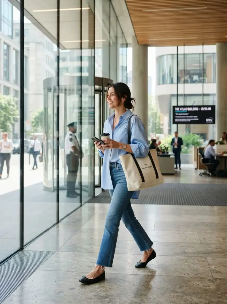 7. Half-Tucked Button-Down and Ballet Flats