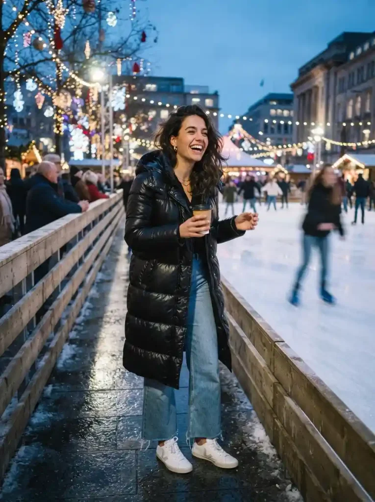 7. Long Puffer Coat with Wide-Leg Jeans