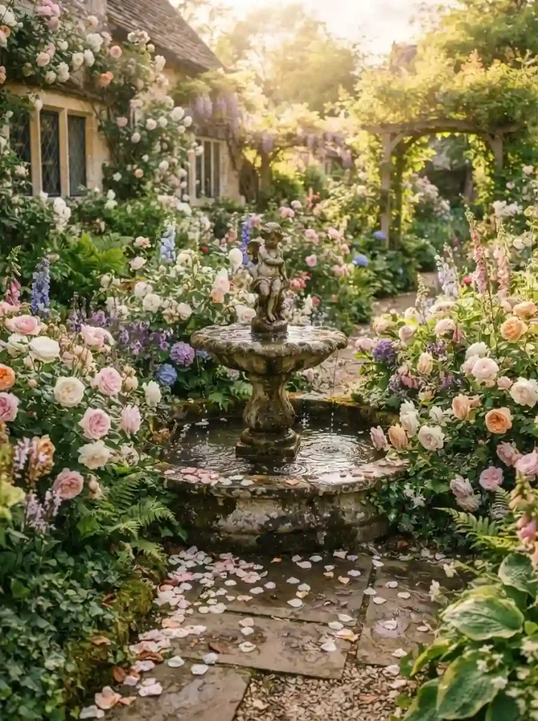 7. Romantic Rose Garden With a Small Fountain