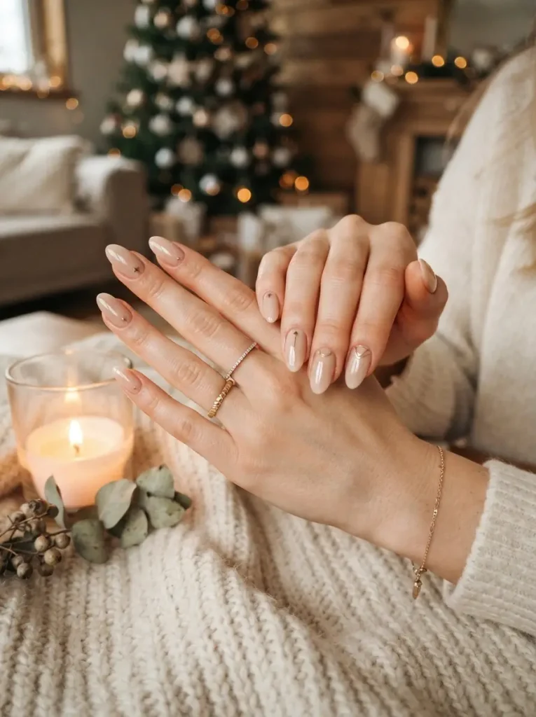 7. Sheer Nude Nails with Tiny Gold Details