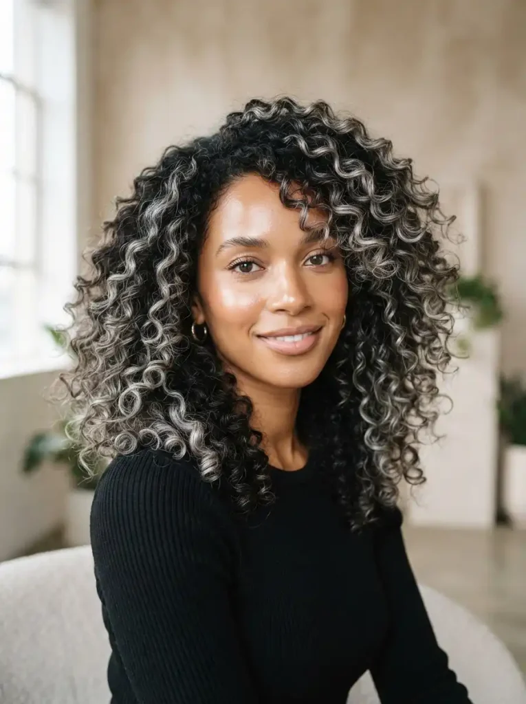 7. Silver Highlights on Curly Hair