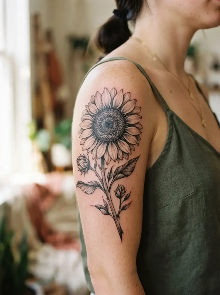 7. Sunflower Tattoo With Fine Shading