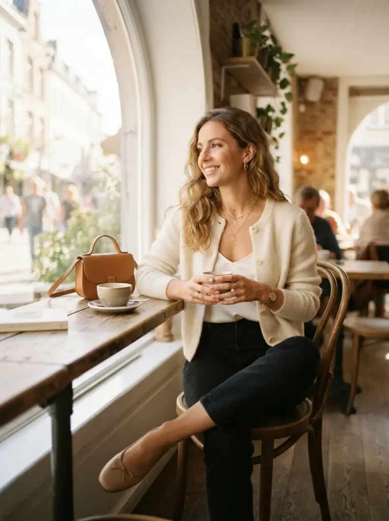 8. Black Jeans with a Cream Cardigan