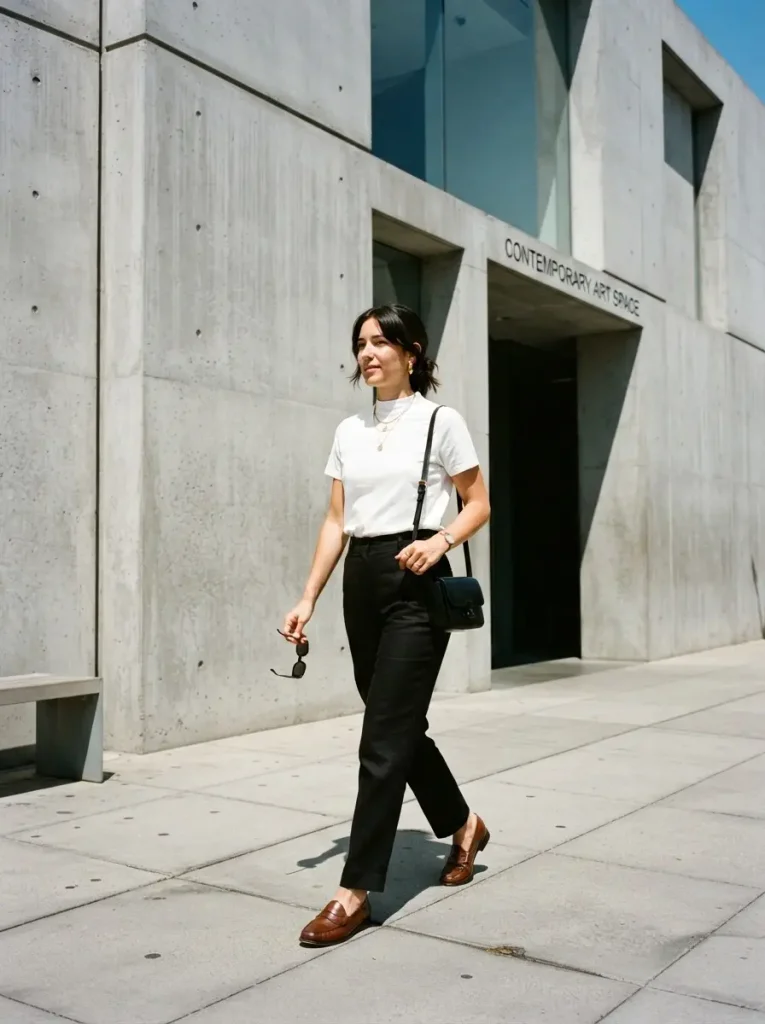 8. Black Straight-Leg Pants with a Tucked White Tee