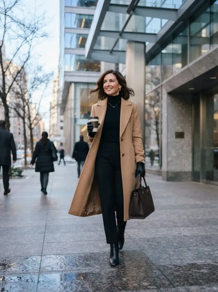 8. Camel Coat With Black Office Basics