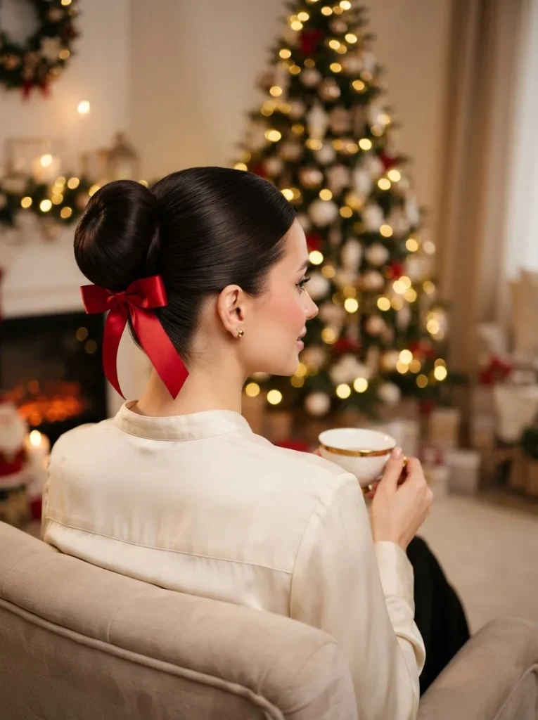 8. Classic High Bun with a Red Bow