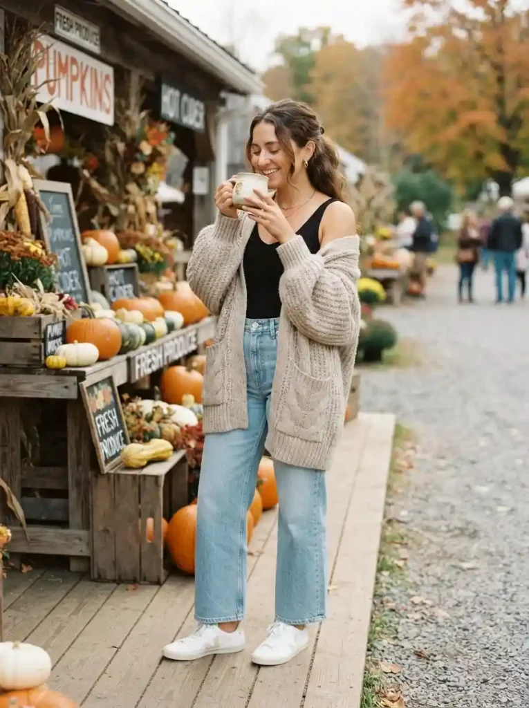 8. Oatmeal Cardigan with Wide-Leg Jeans