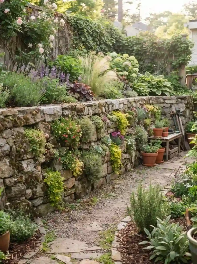 8. Retaining Wall With Built-In Planting Pockets