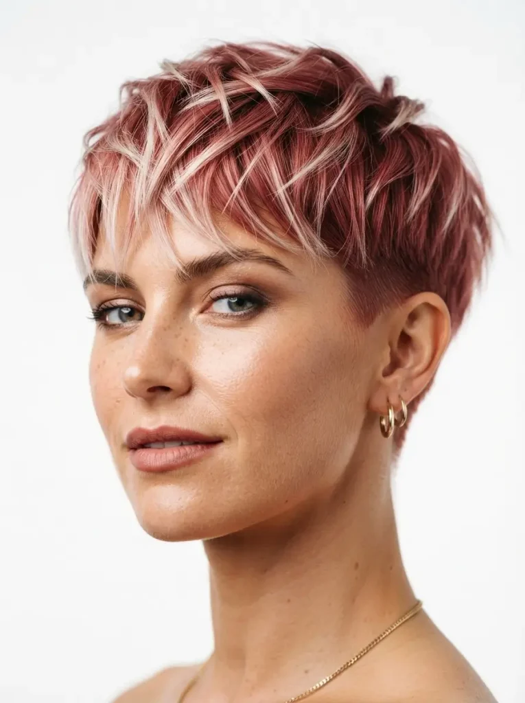 8. Rose-Gold Red Pixie with Pale Blonde Tips