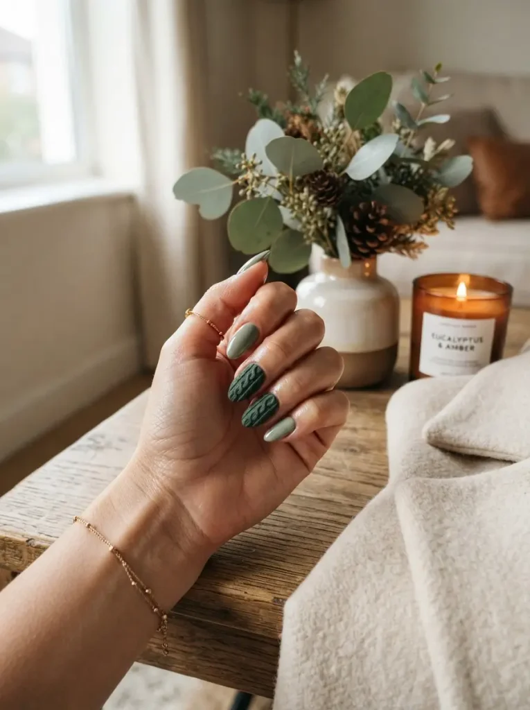 8. Sage Green Cable Sweater Nails