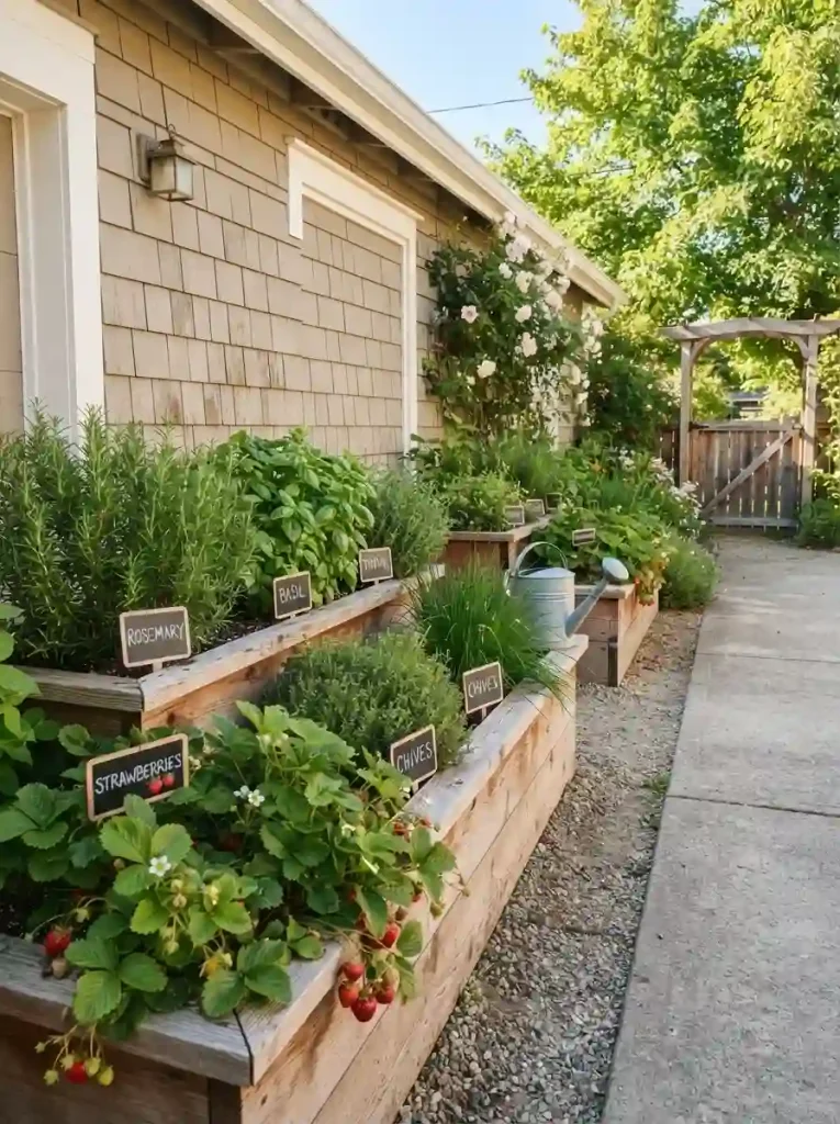 8. Tuck herbs and edibles into raised beds beside the garage