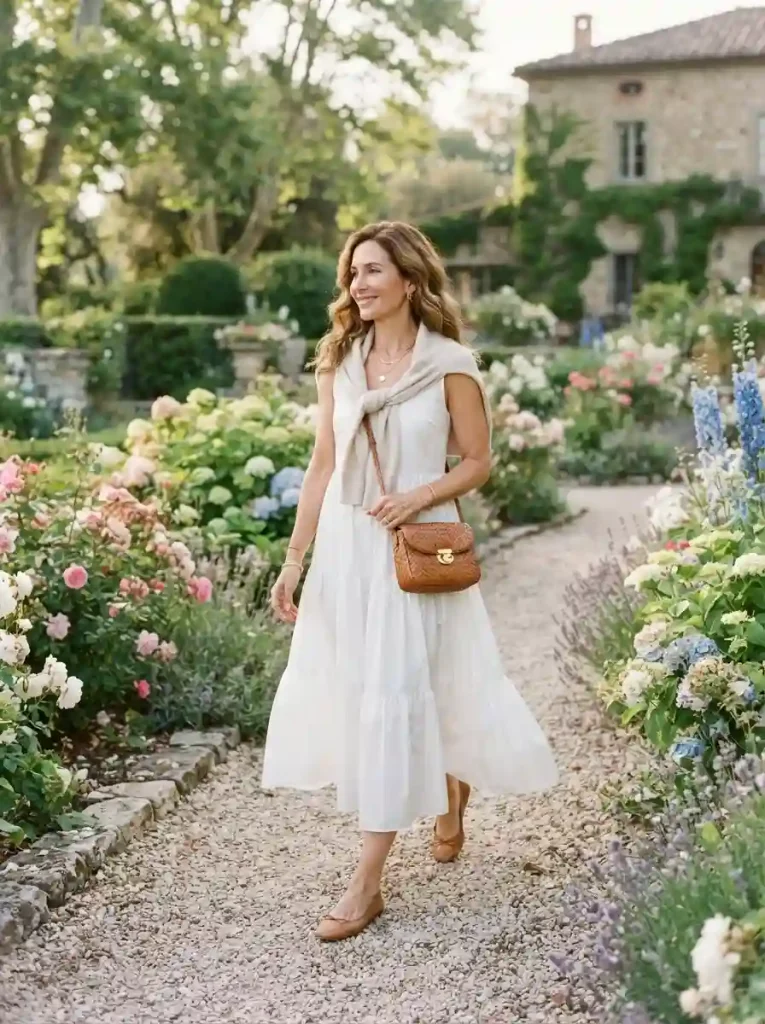 8. White Midi Dress with a Lightweight Knit Sweater