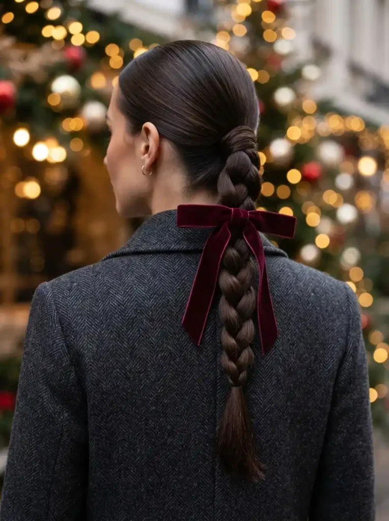 9. Braided Ponytail with a Velvet Ribbon