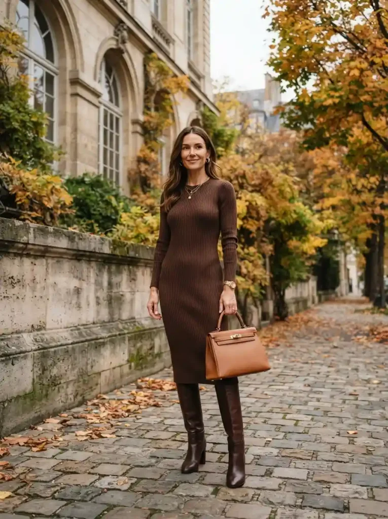 9. Brown Knit Dress With Knee-High Boots