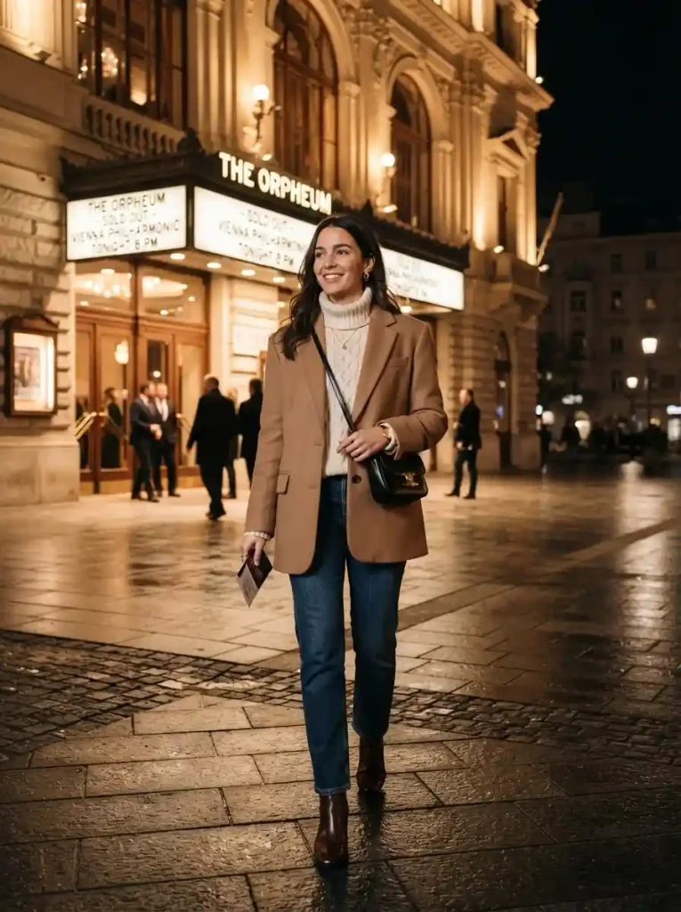 9. Camel Blazer Over A Chunky Turtleneck