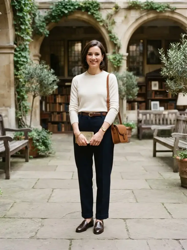9. Fine-Knit Sweater with Tailored Navy Trousers
