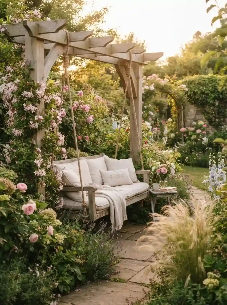 9. Hang a Garden Swing Among Flowering Plants