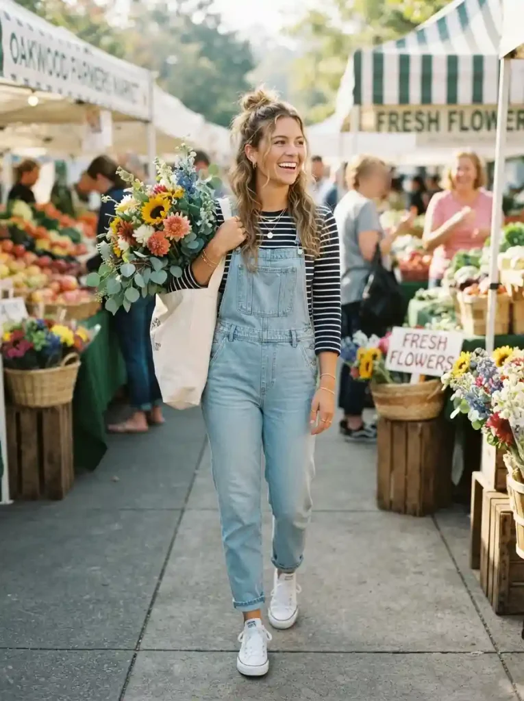 9. Overalls with a Striped Long-Sleeve Tee