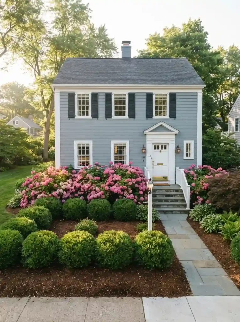 9. Soften a Foundation With Boxwood and Blooms