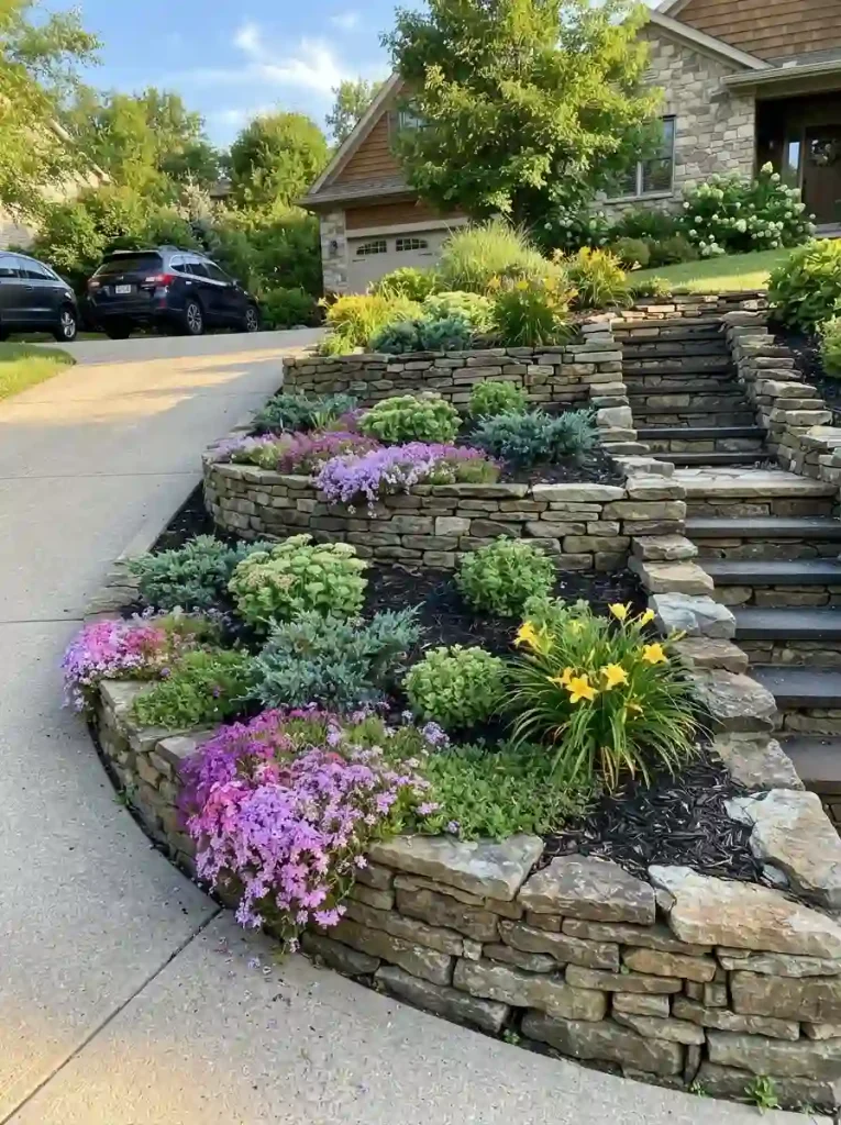 9. Terrace a sloped driveway edge with planted tiers